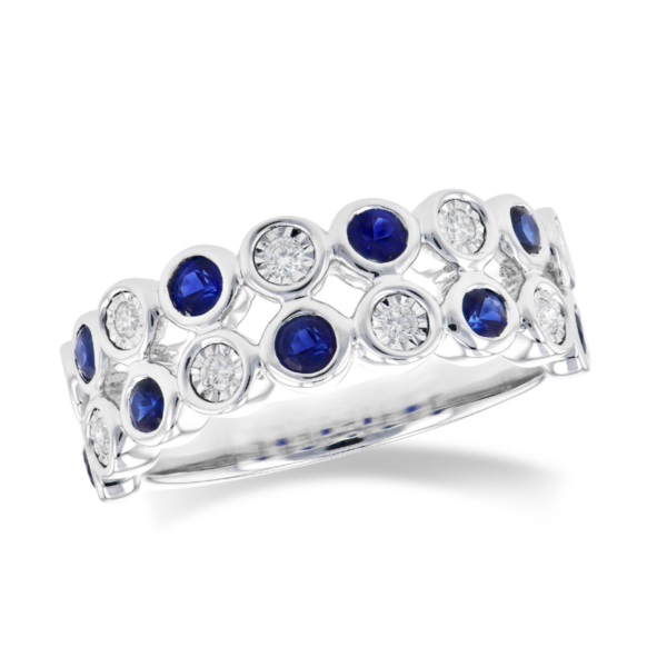 14k White Gold Double Row Blue Sapphire and Diamond Bezel-Set Ring ...