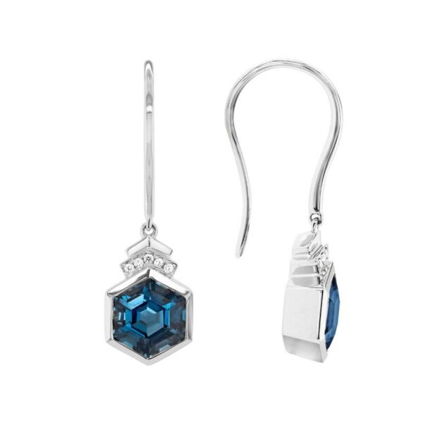 14k White Gold Hexagonal Shaped London Blue Topaz & Diamond Accent Earrings