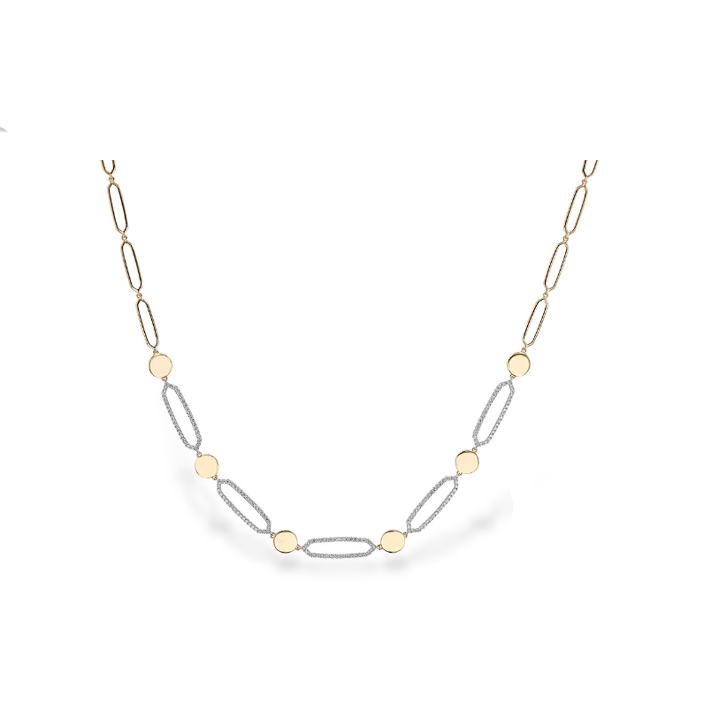 Two-tone gold paperclip necklace with 5 diamond encrusted links