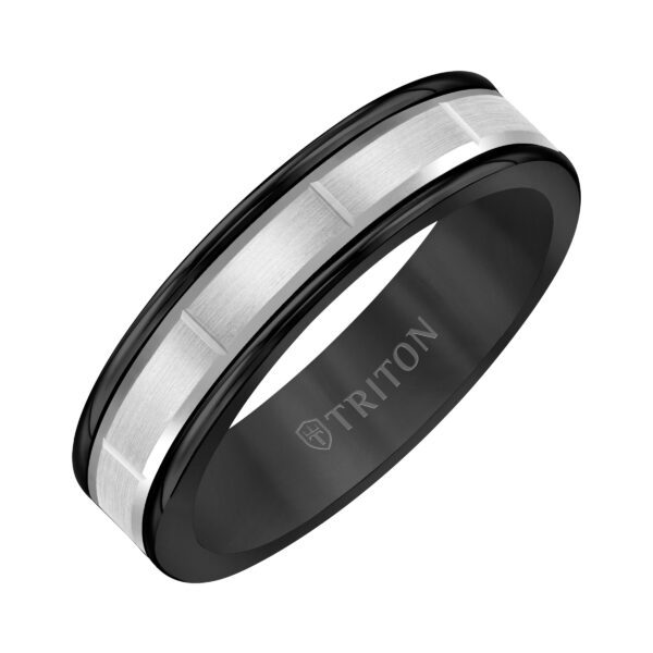 Black Tungsten Exterior and Serrated Vertical Cuts 14K White Gold