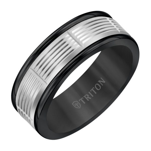 Black Tungsten and Serrated White Gold Ring
