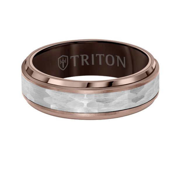 Espresso and White Tungsten Carbide Hammered Center Ring