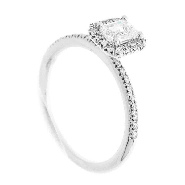 14K WHITE GOLD EMERALD-CUT CENTER AND HALO DIAMOND ENGAGEMENT RING