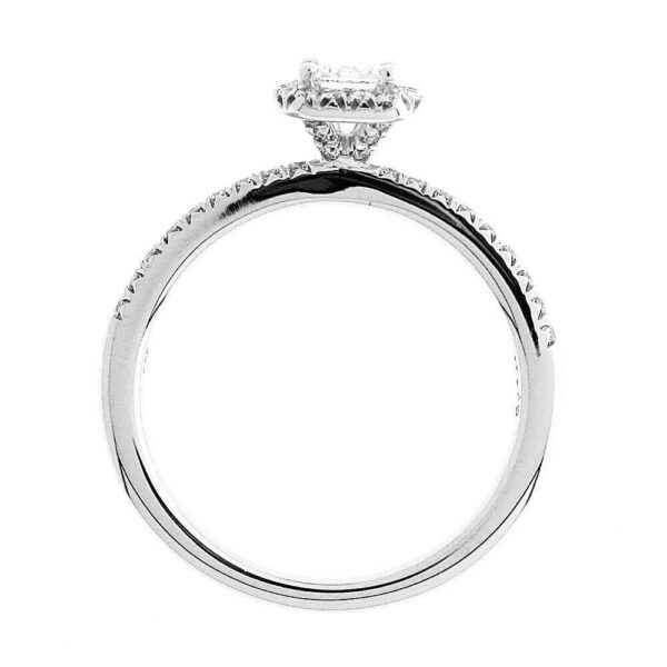 14K WHITE GOLD EMERALD-CUT CENTER AND HALO DIAMOND ENGAGEMENT RING