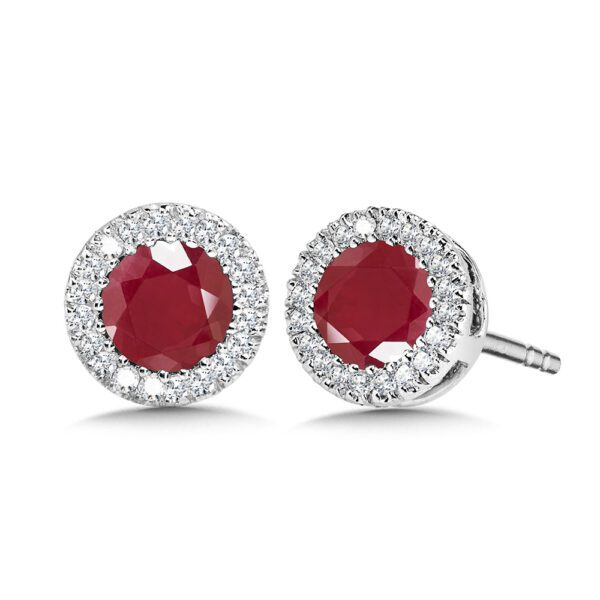 White Gold Ruby and Diamond Halo Studs