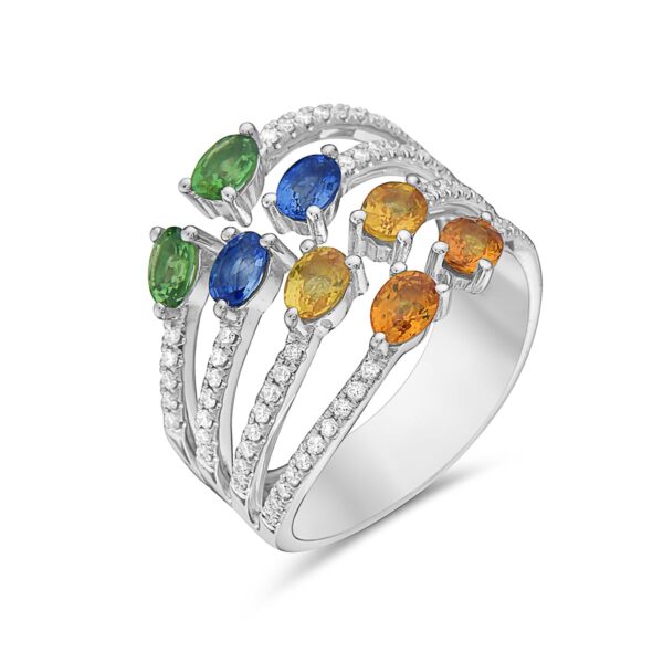 White Gold Diamond and Multi-color Gemstone Ring