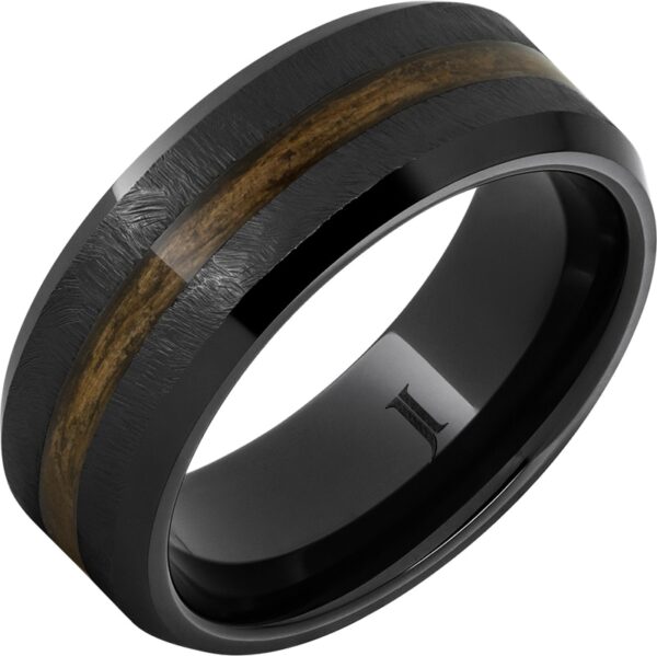 Black Ceramic Ring with Barrel Aged Bourbon Wood Inlay & Deer Antler