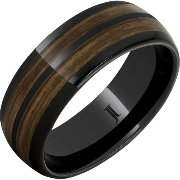 Double Barrel Black Ceramic Dome Ring with Barrel Aged Bourbon Inlays