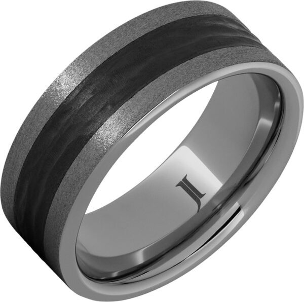 Rugged Tungsten Ring with Bark Carved Black Ceramic Inlay