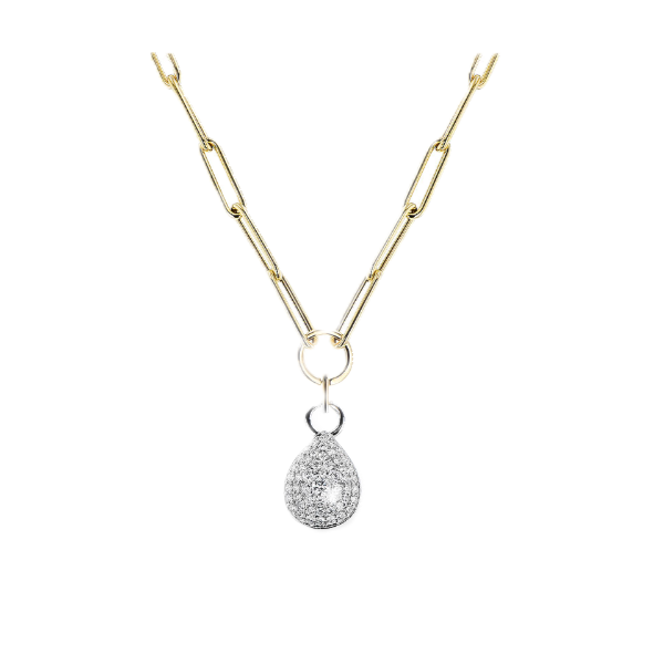 Two-tone gold paper clip necklace, Diamond teardrop pendant.