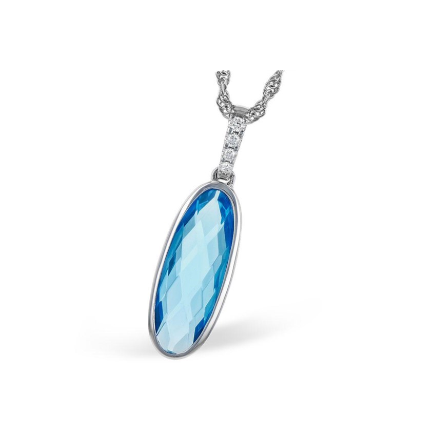 14K WHITE GOLD BLUE TOPAZ AND DIAMOND ACCENTED PENDANT