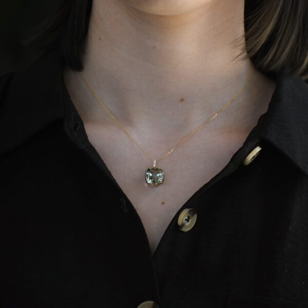 14K Yellow Gold Green Amethyst and Diamond Pendant - Image 5