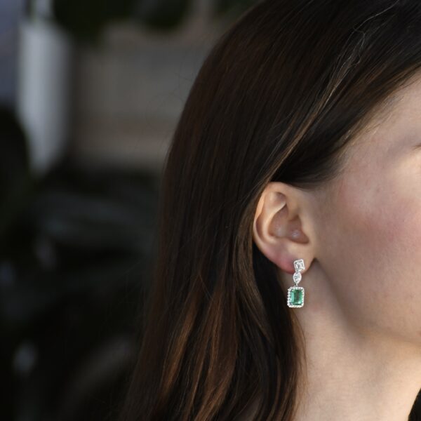 14K White Gold Emerald and Diamond Earrings - Image 5