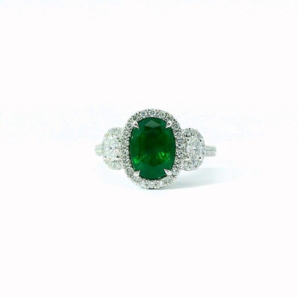 Platinum Emerald and Diamond 3-Stone Ring - Image 2