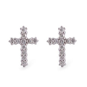 14K White Gold Diamond Cross Studs Earrings