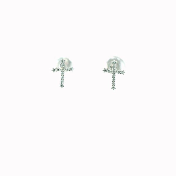 14K White Gold Diamond Cross Studs Earrings - Image 2